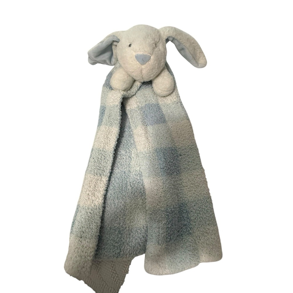 Mud Pie Baby Bunny Security Blanket Blue White Gingham Plaid Plush Lovey Snuggle